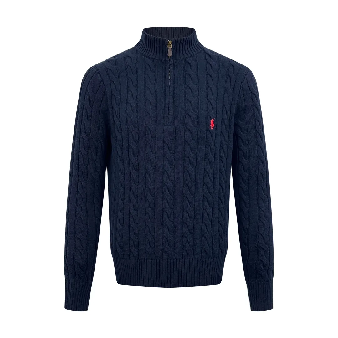 P420 Ralph Lauren cable knitted zipper sweater. Customized cotton cable knitted thick wool. Fine texture. Comfortable and close to the skin. Elegant and calm navy blue is the main color to create a classic gentleman's character. The classic cable knitted structure design injects soul. The arrangement is precise and orderly. The exquisite pony logo is embellished with it. It has an atmosphere of freedom and vitality. It is highly recognizable. The zipper half-high collar design has just the right sense of gorgeousness. It interprets high-end style with unique details. Adhere to the eternal elegance and taste. Process 1: Adopt imported machine embroidery technology. Use advanced computer control systems and precision mechanical components to achieve iconic pony embroidery operations with high precision and smooth and delicate lines. Process 2: Three-dimensional cable weaving. Through clever shifting and interweaving of coils, adjacent coils are cross-shifted to form a twisting effect of cable ties. The lines are smooth and regular. Time-consuming and laborious. Process 3: Garment washing water is added to soften and deodorize the process. Professional washing equipment and specific detergents are used. Deep clean and deodorize clothes Improve the feel and appearance of clothes Accessories: Customized 1:1 Ralph Lauren zipper Customized 1:1 leather lanyard Customized 1:1 Ralph Lauren trademark Fit: Fitted Fit Size: S M L XL